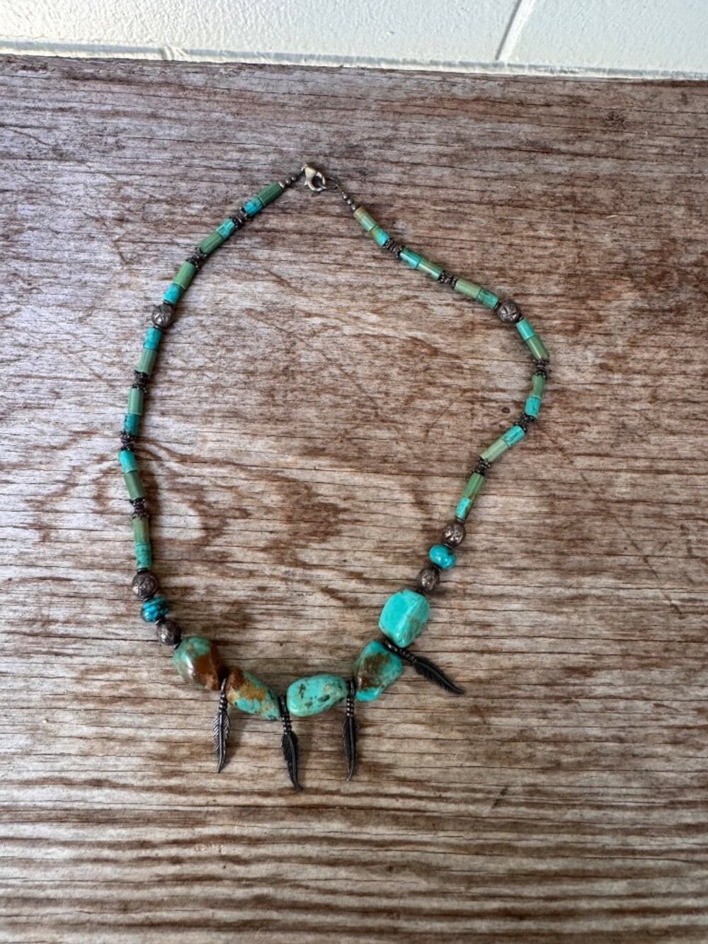 Sterling Silver Genuine Turquoise Bead Necklace Feather Charms 17” 24.2g